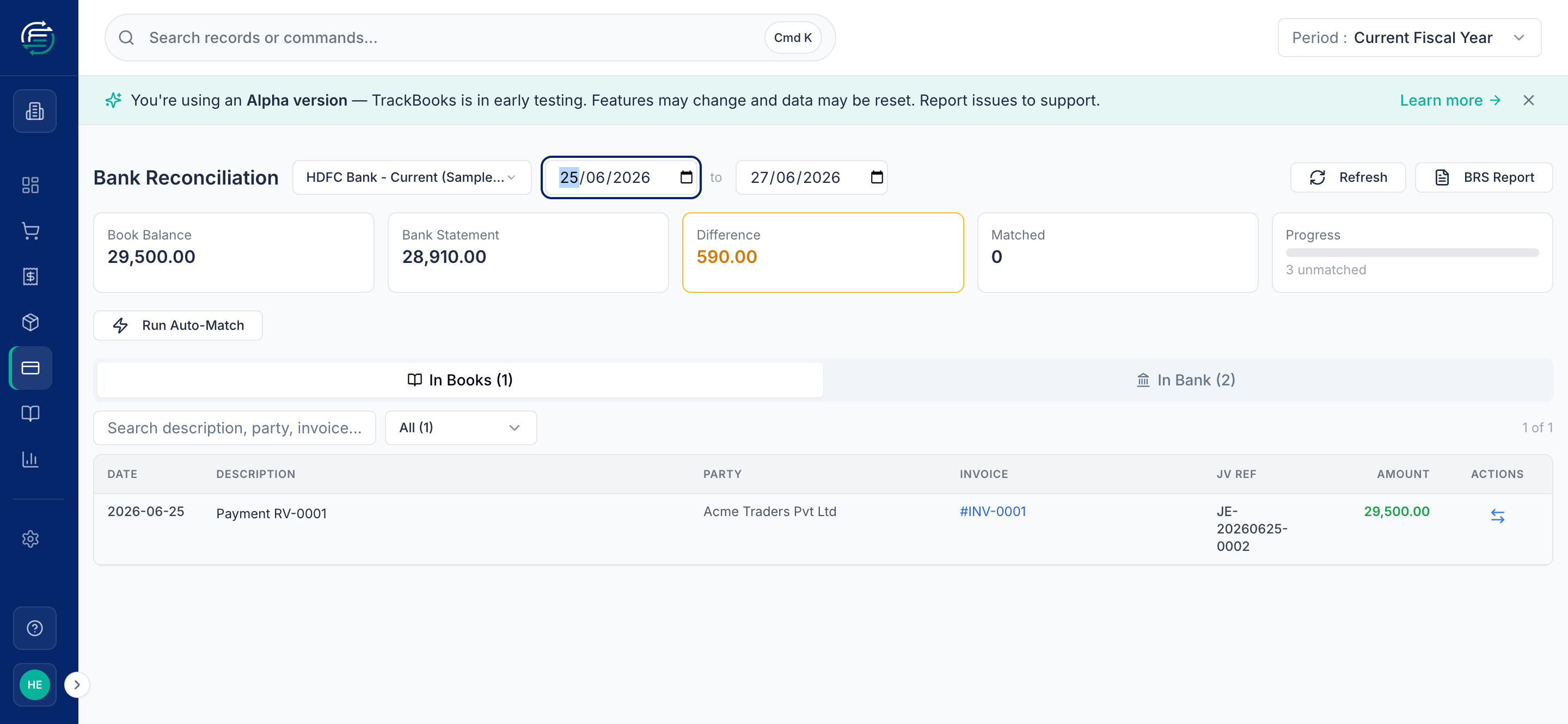 The reconciliation workspace: summary cards and the In Books tab