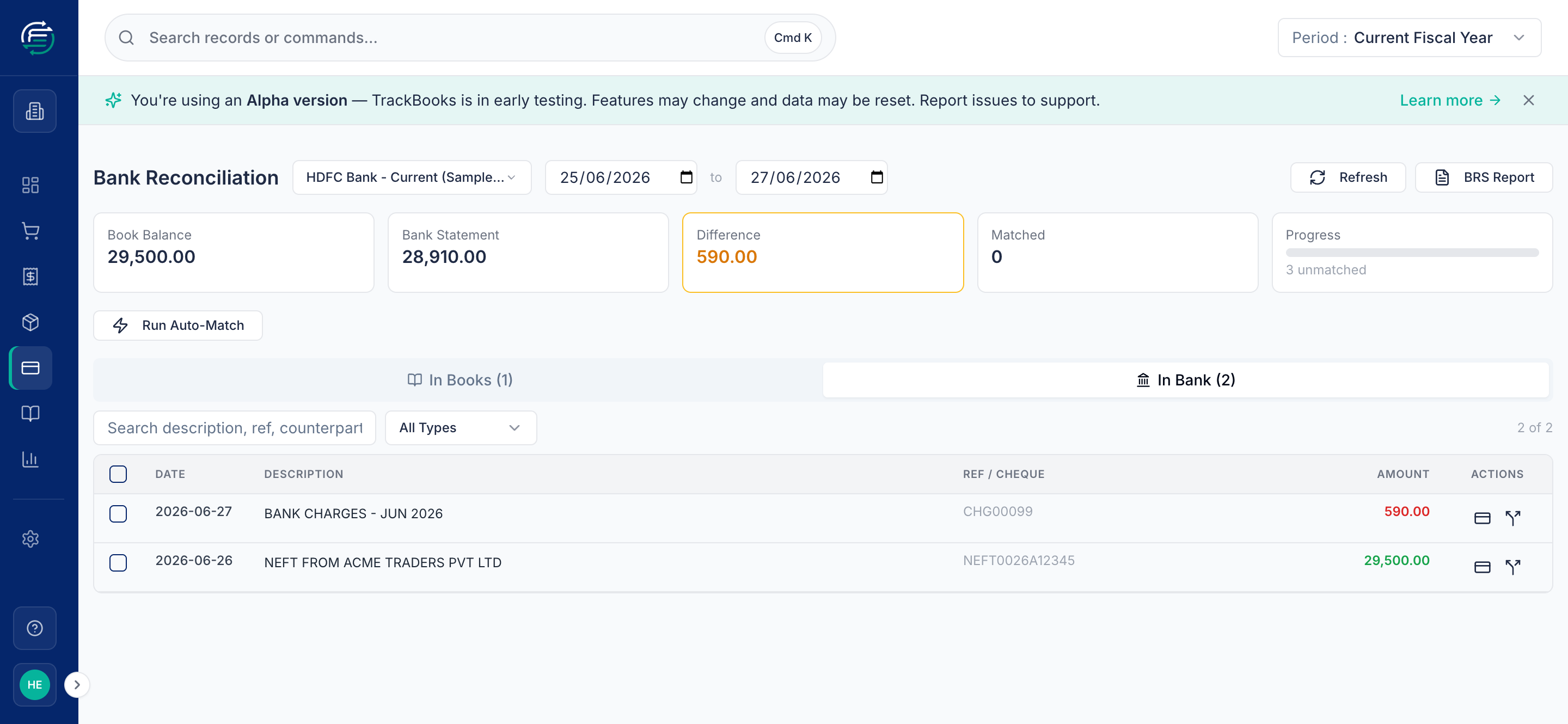 The In Bank tab listing imported statement transactions