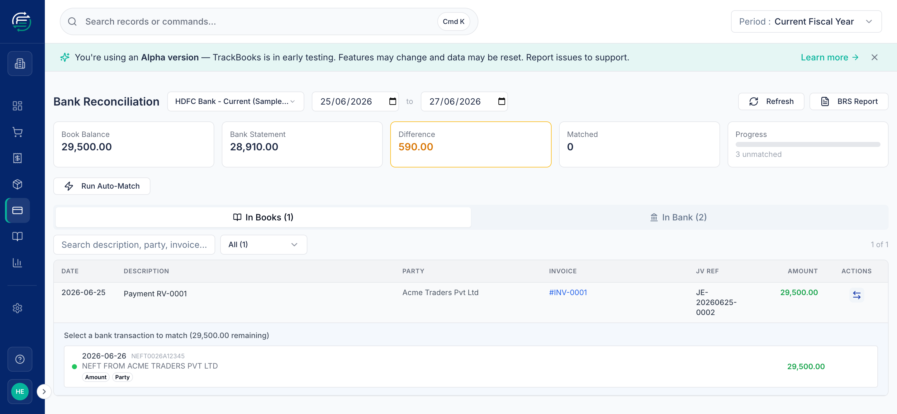 The manual match panel showing a candidate bank transaction