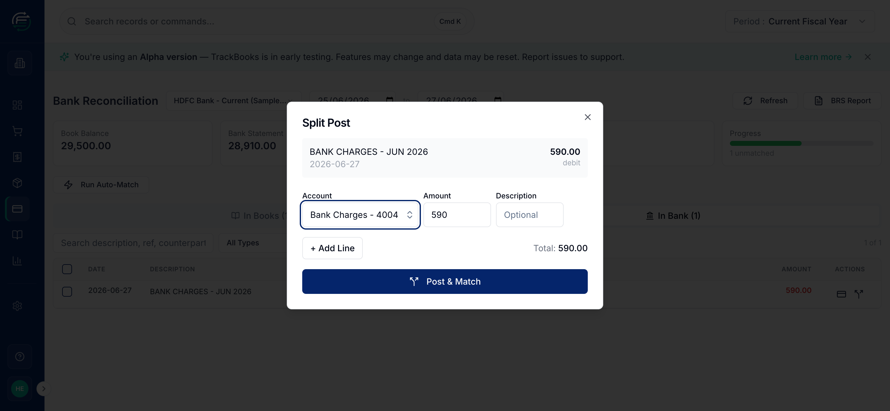 The Split Post dialog posting a bank charge to the Bank Charges expense account