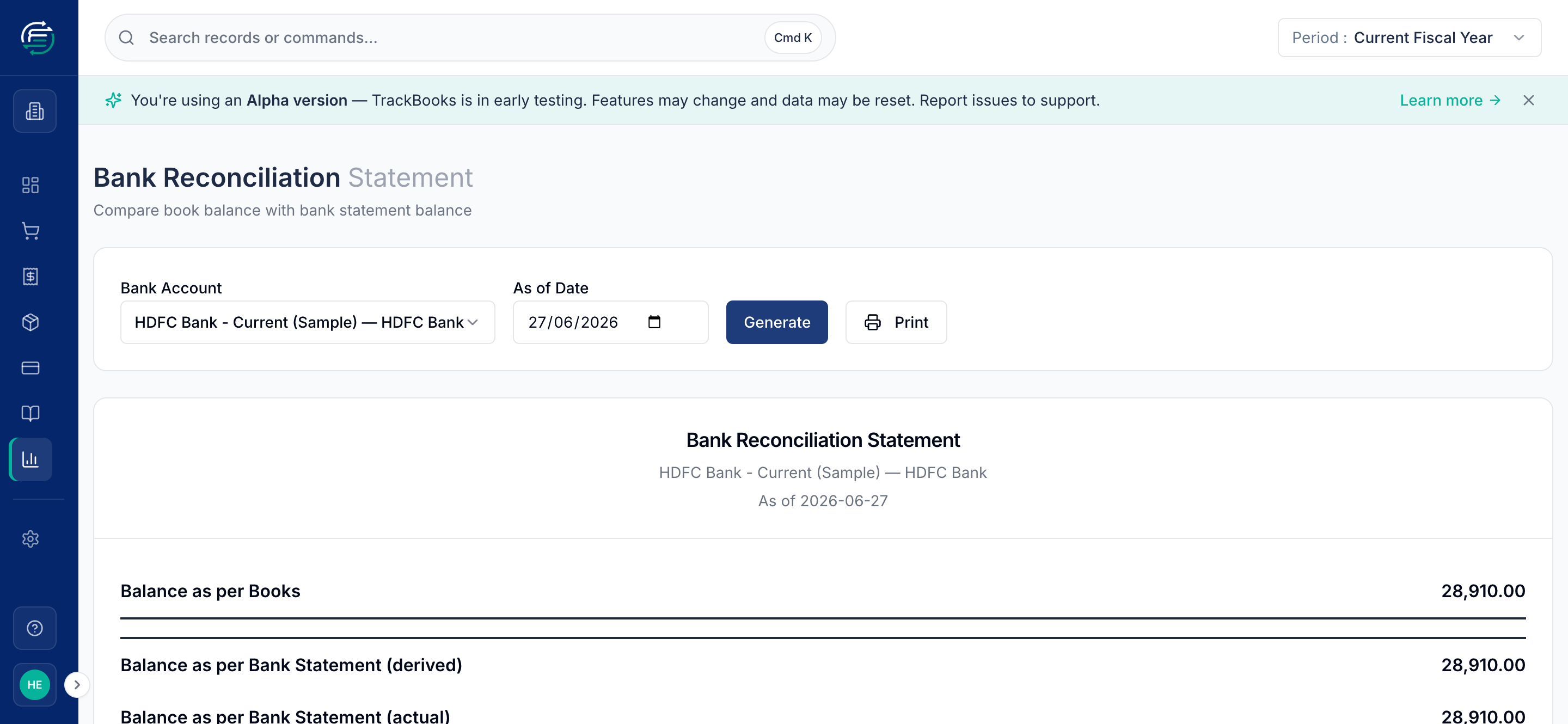 The Bank Reconciliation Statement showing Fully Reconciled, Difference NIL