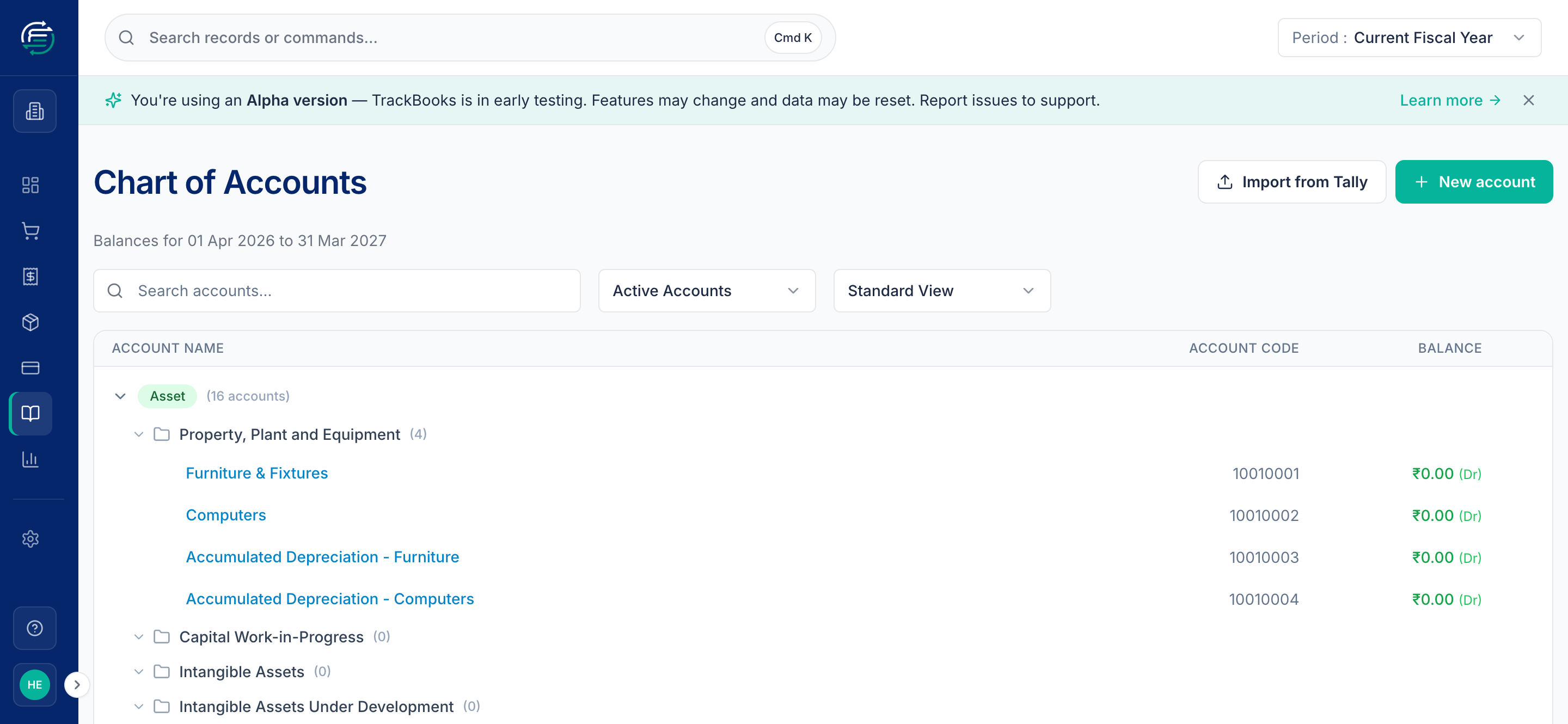 The Chart of Accounts tree