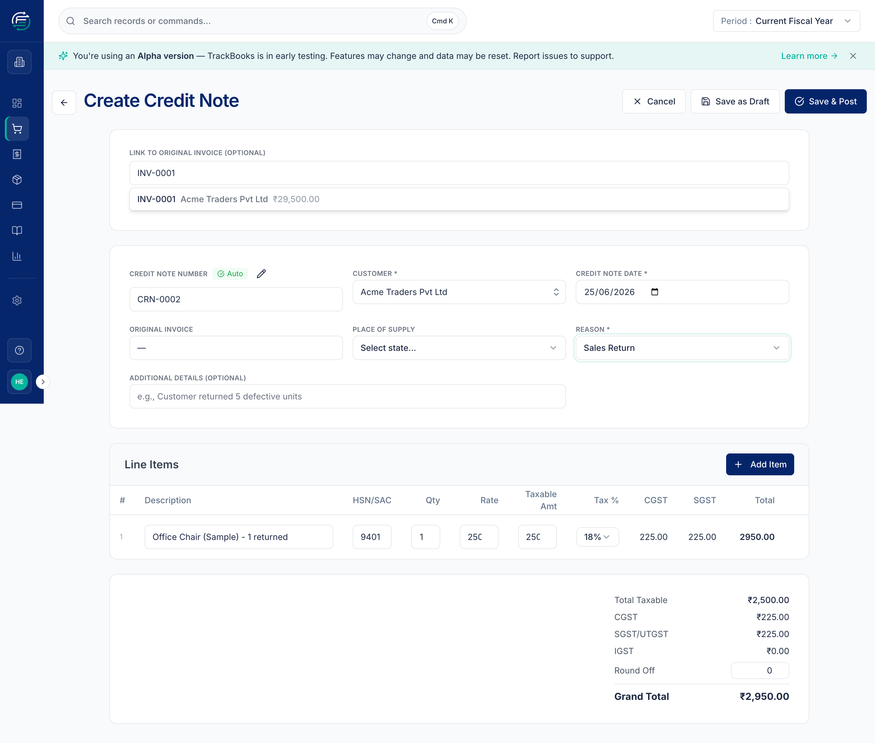 Creating a sales credit note linked to the original invoice