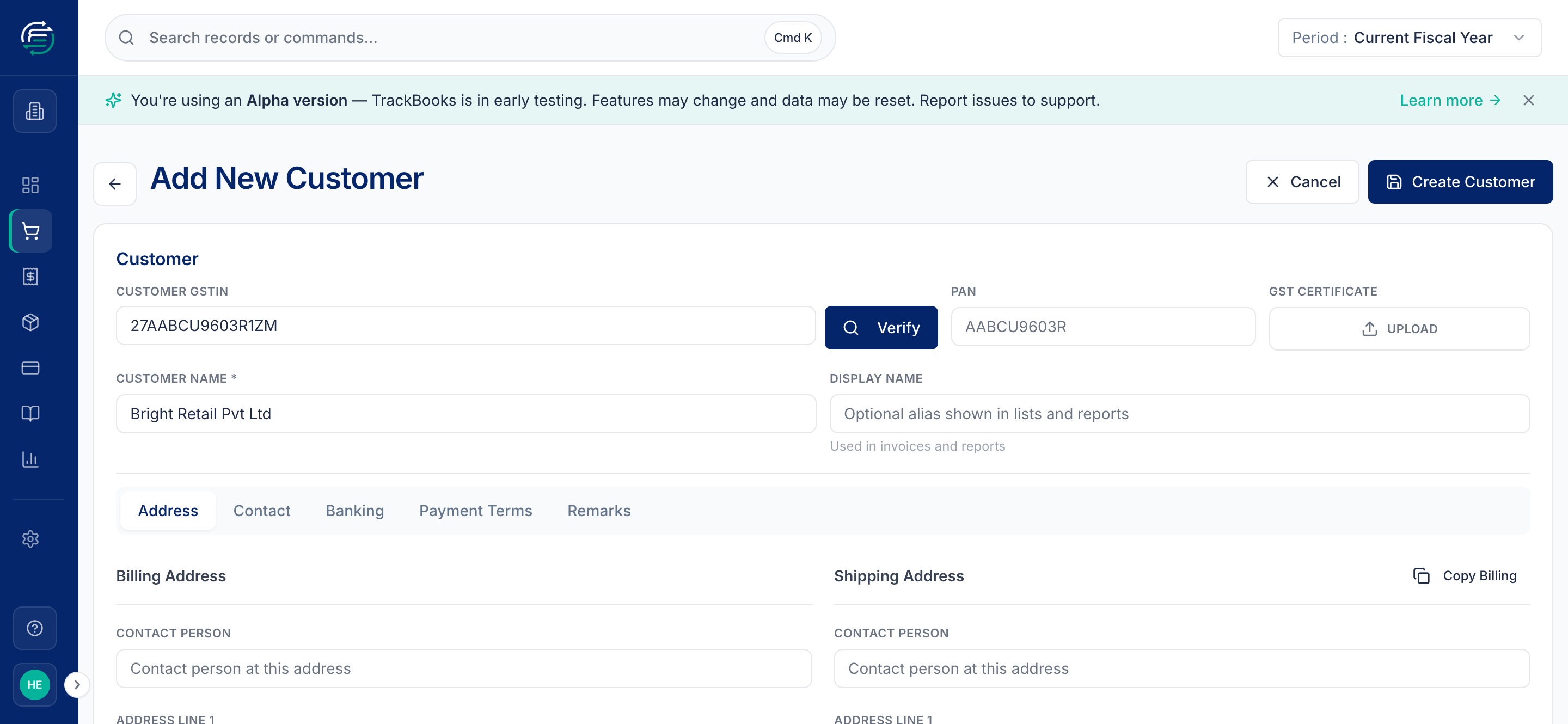 The Add New Customer form