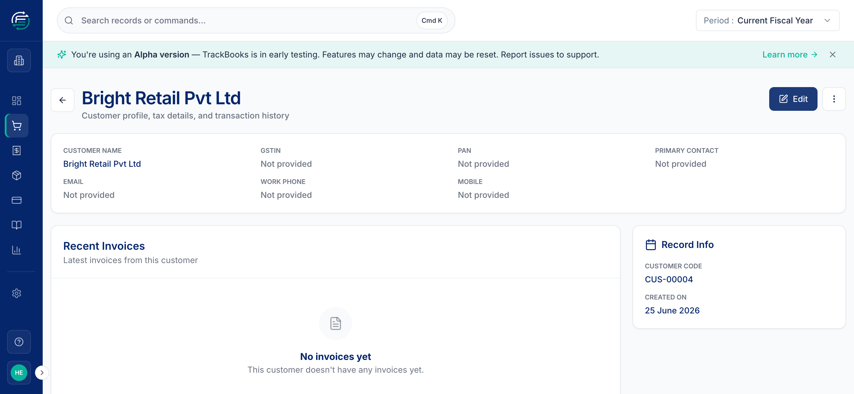 A customer's detail page