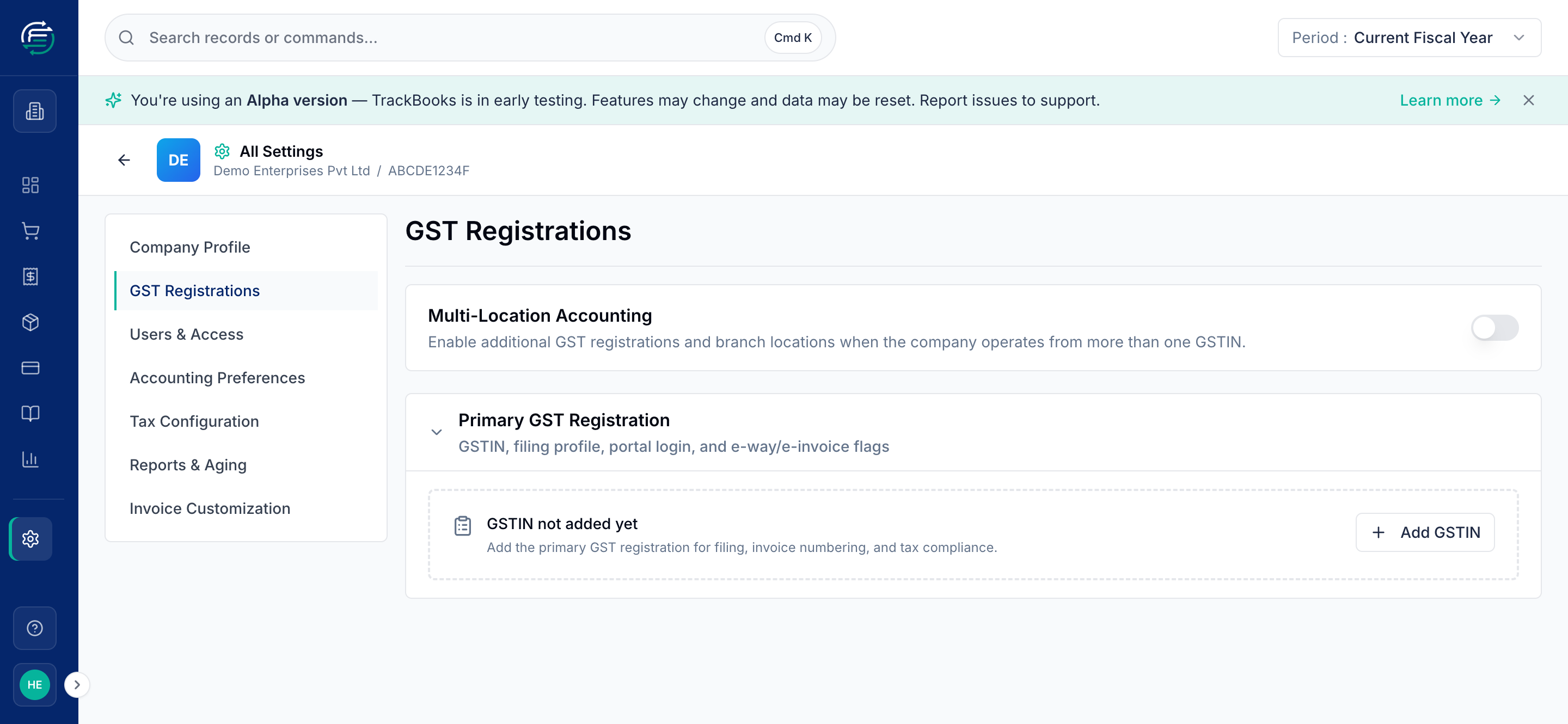 The GST Registrations tab with the Multi-Location toggle