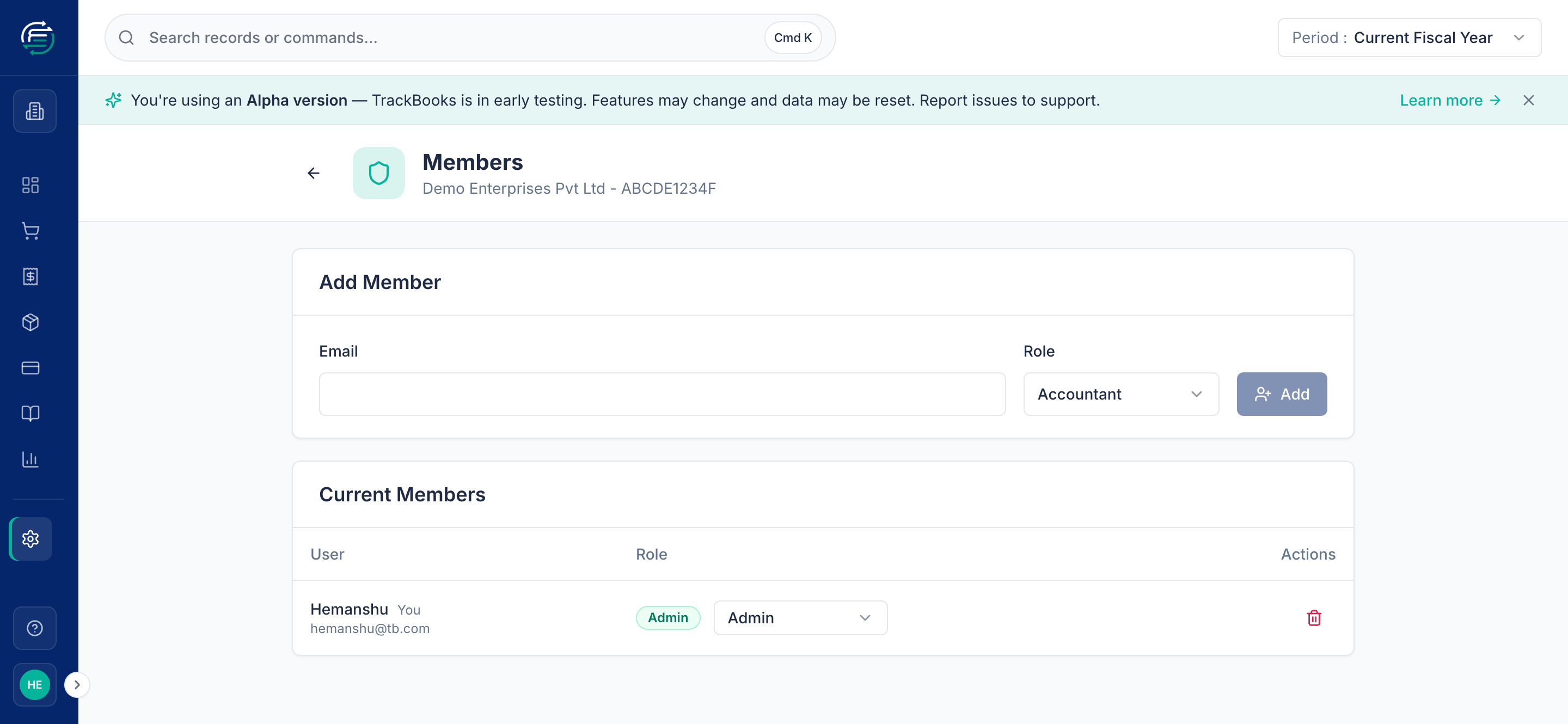 The Members workspace showing roles