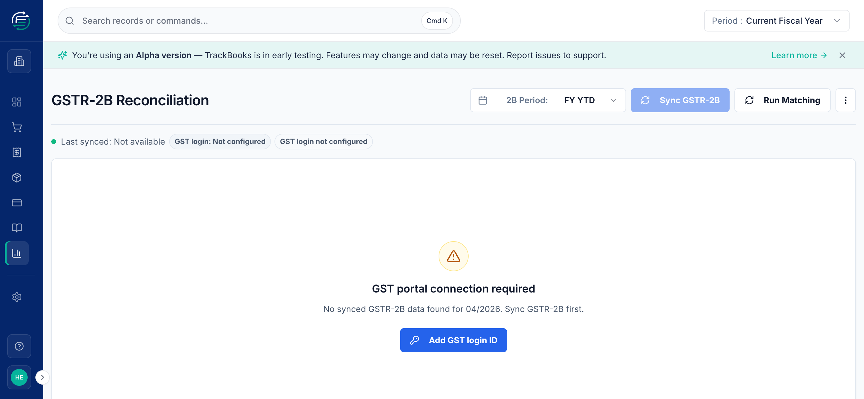 The GSTR-2B reconciliation screen prompting for a portal connection