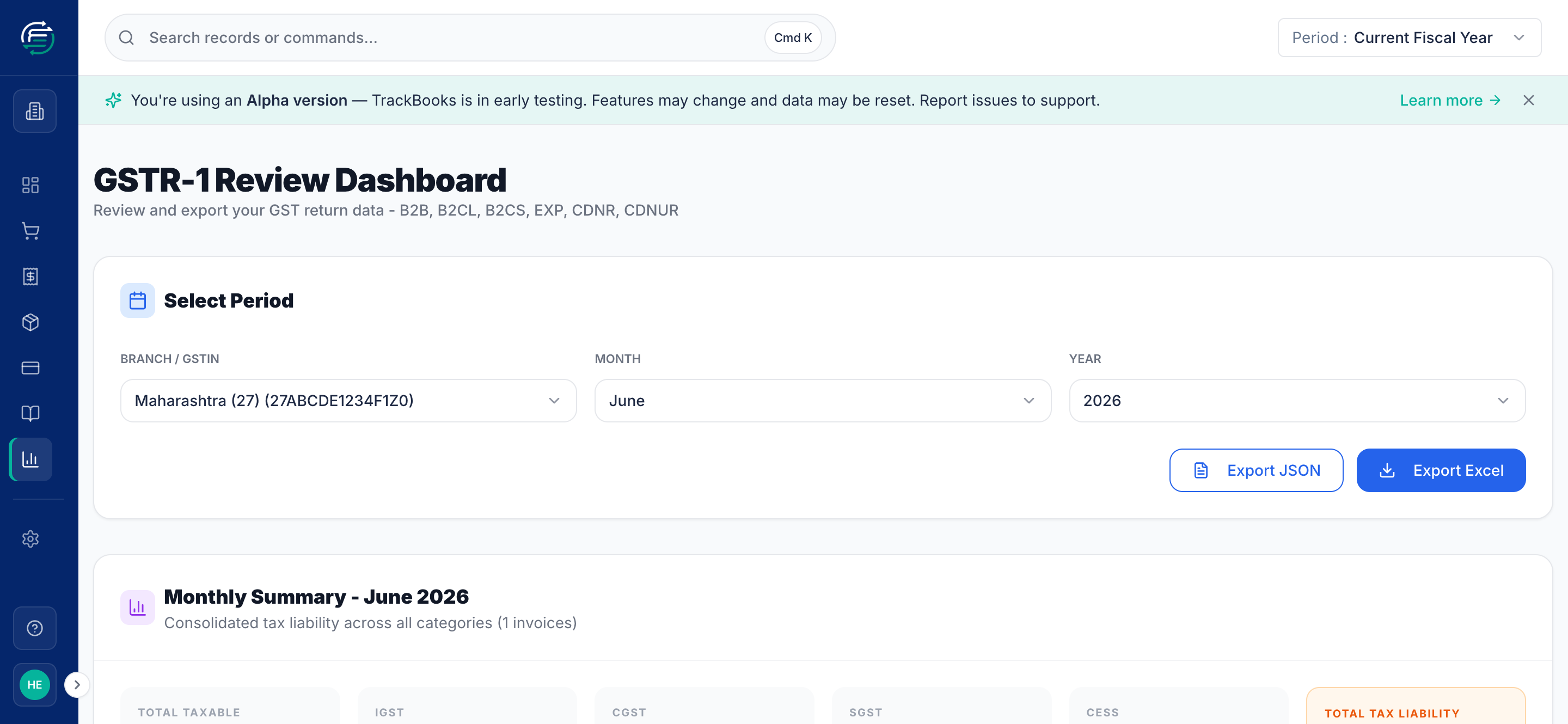 The GSTR-1 dashboard: period selectors, monthly summary, and section tabs