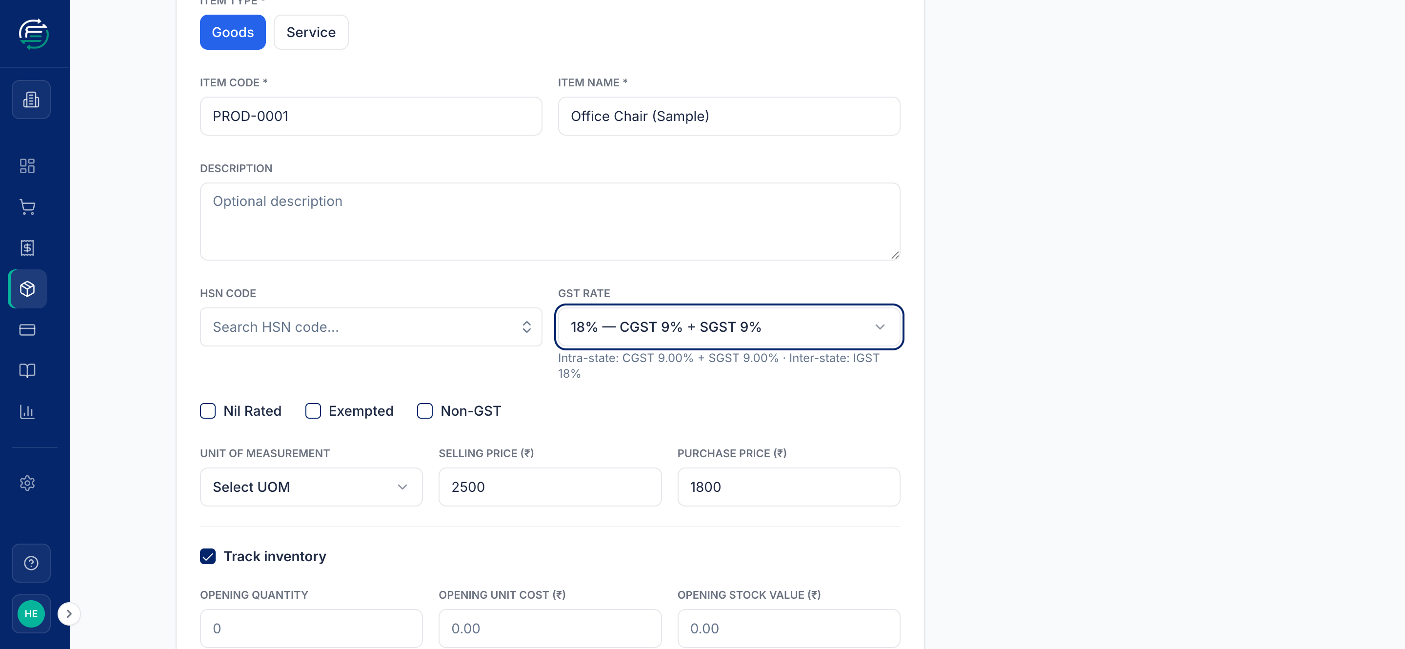 The Add New Product form with inventory tracking enabled