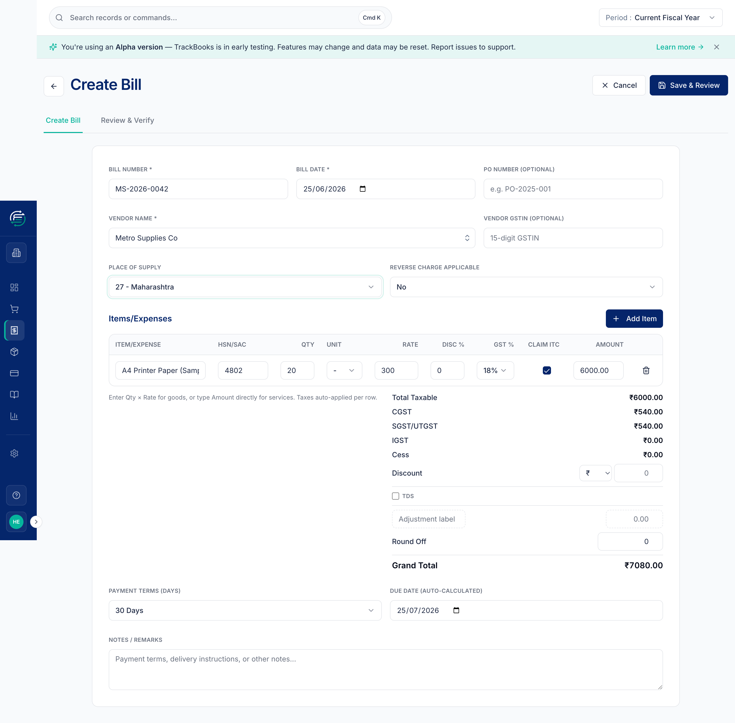 The Create Bill form with line items and Claim ITC