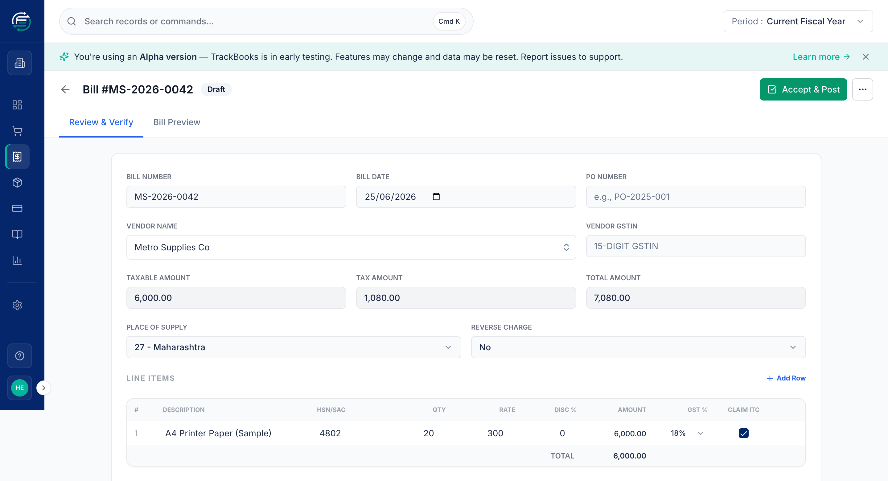 The bill review screen with the purchase-side journal preview
