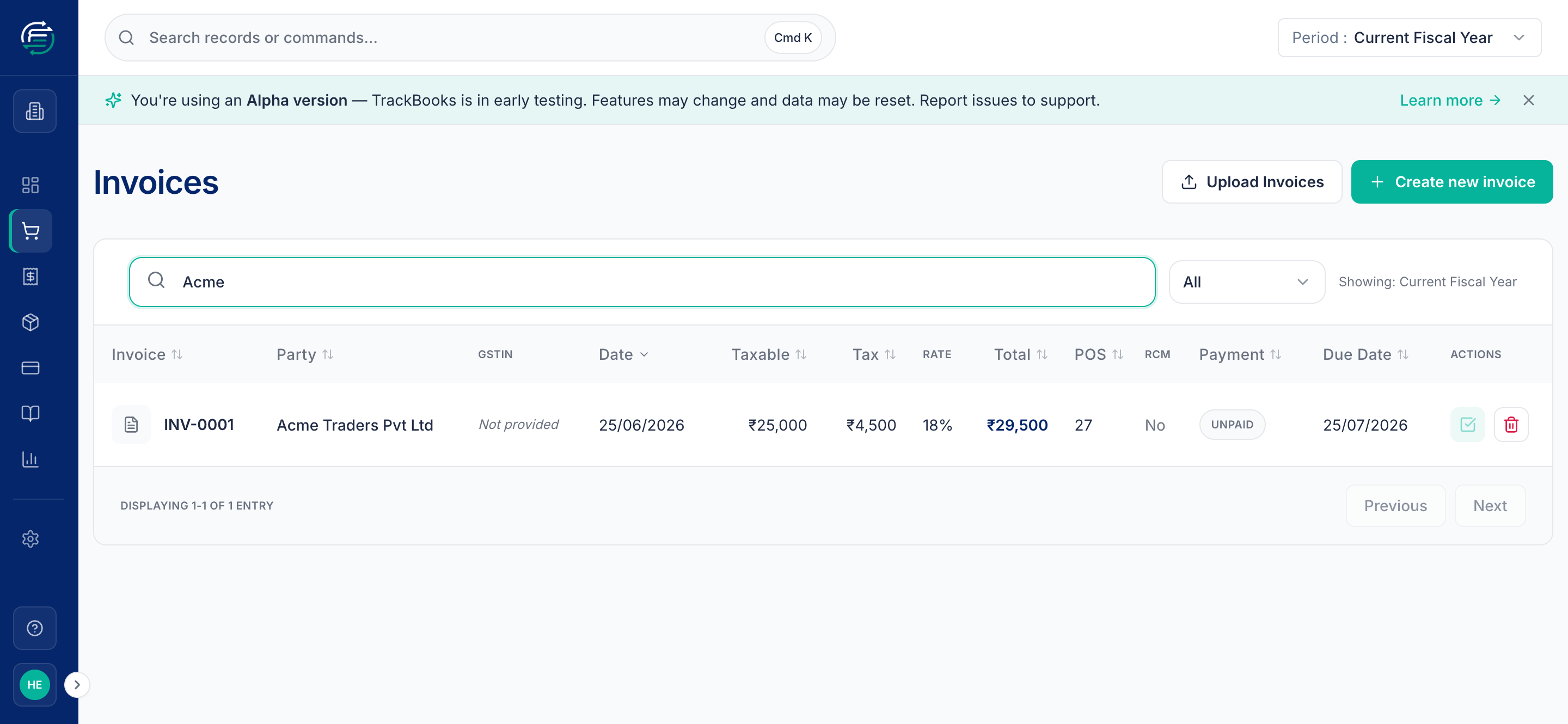 The Invoices list showing a posted invoice and the Upload / Create buttons