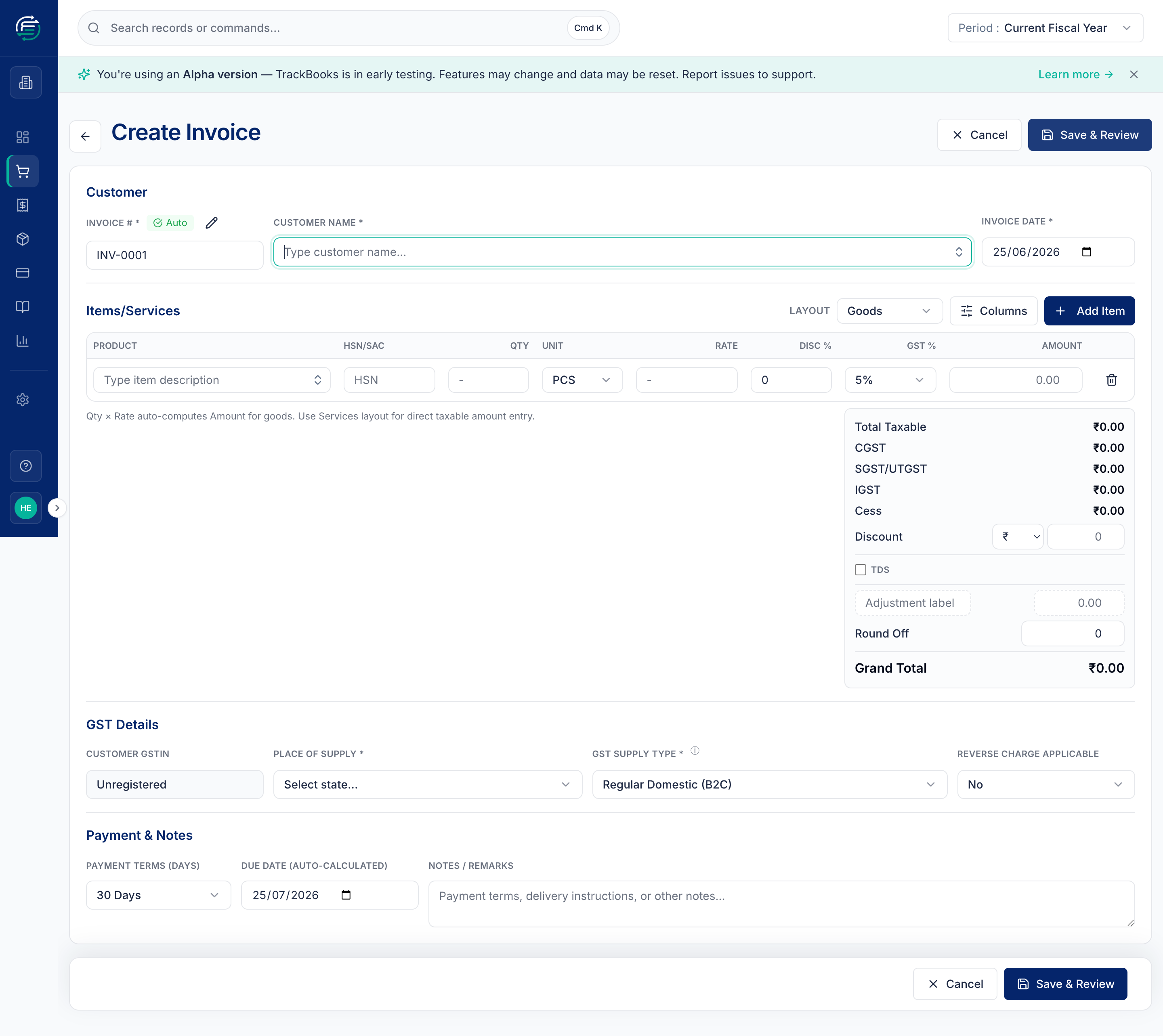 The blank Create Invoice form