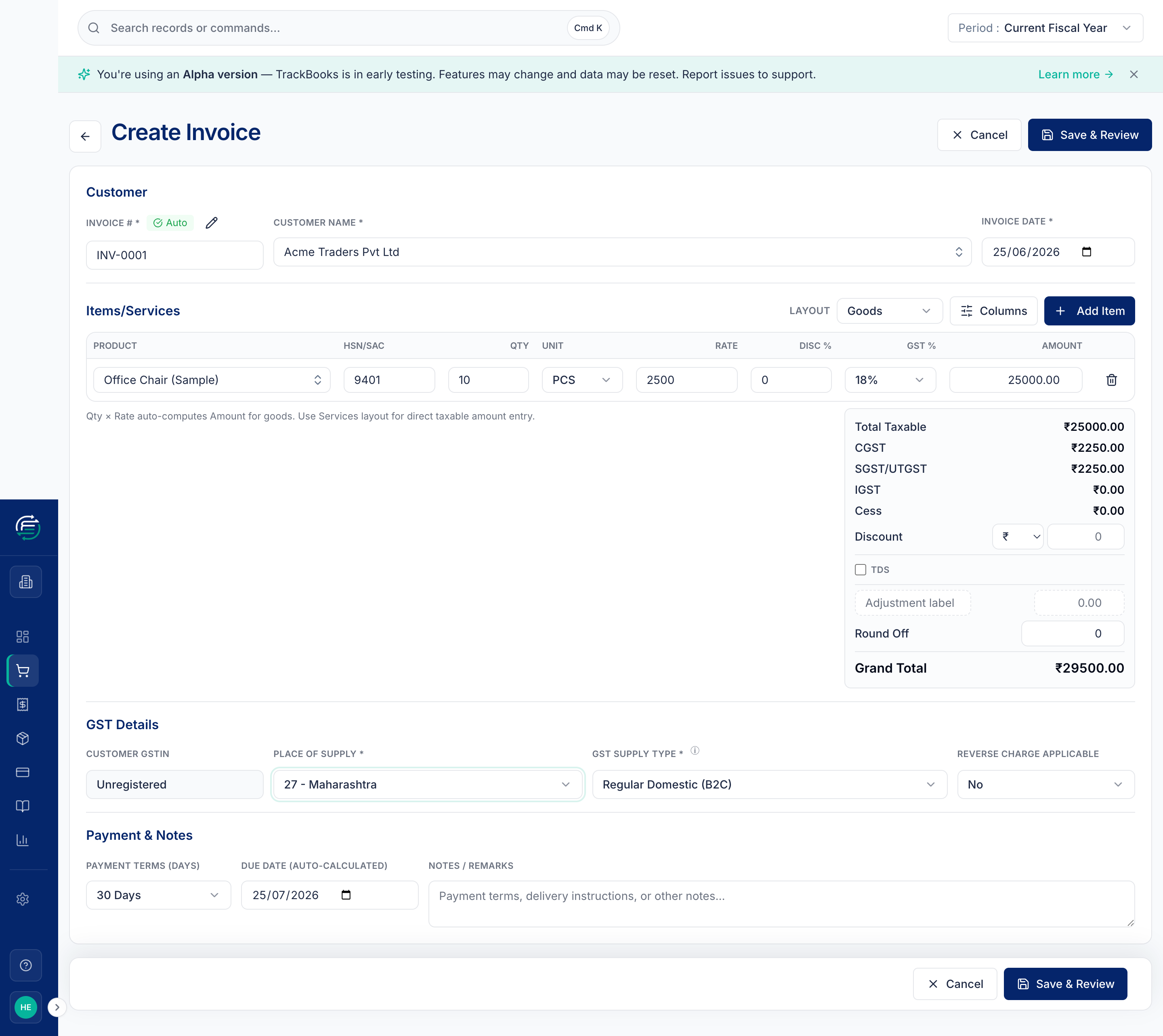 The Create Invoice form filled in, with GST calculated