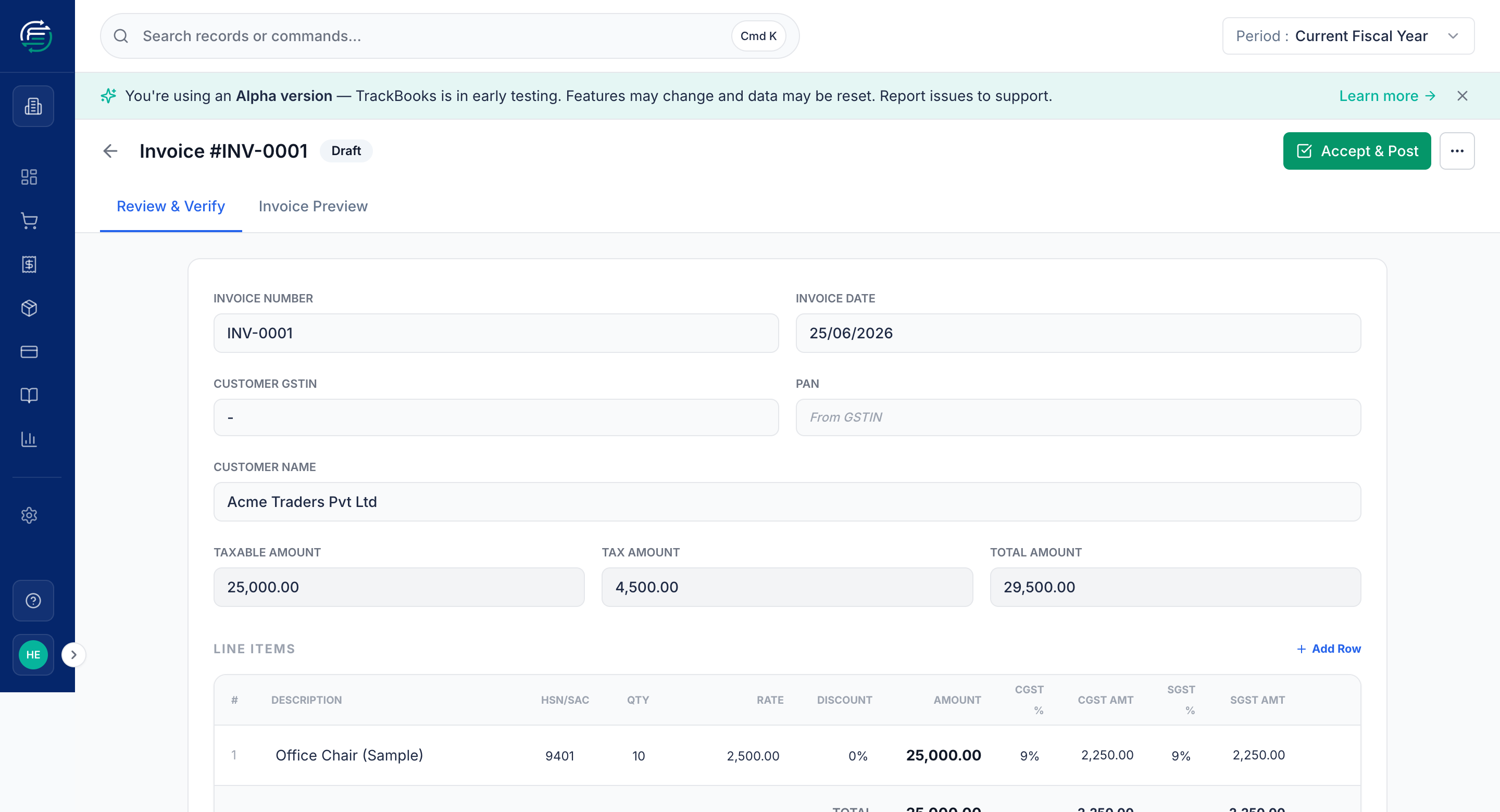 The Review & Verify screen with line items, HSN summary, and journal preview