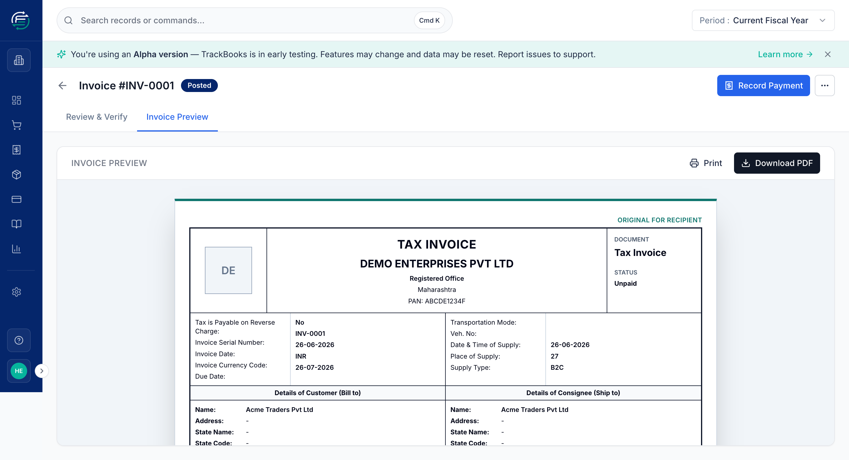 The Invoice Preview tab showing the print-ready tax invoice