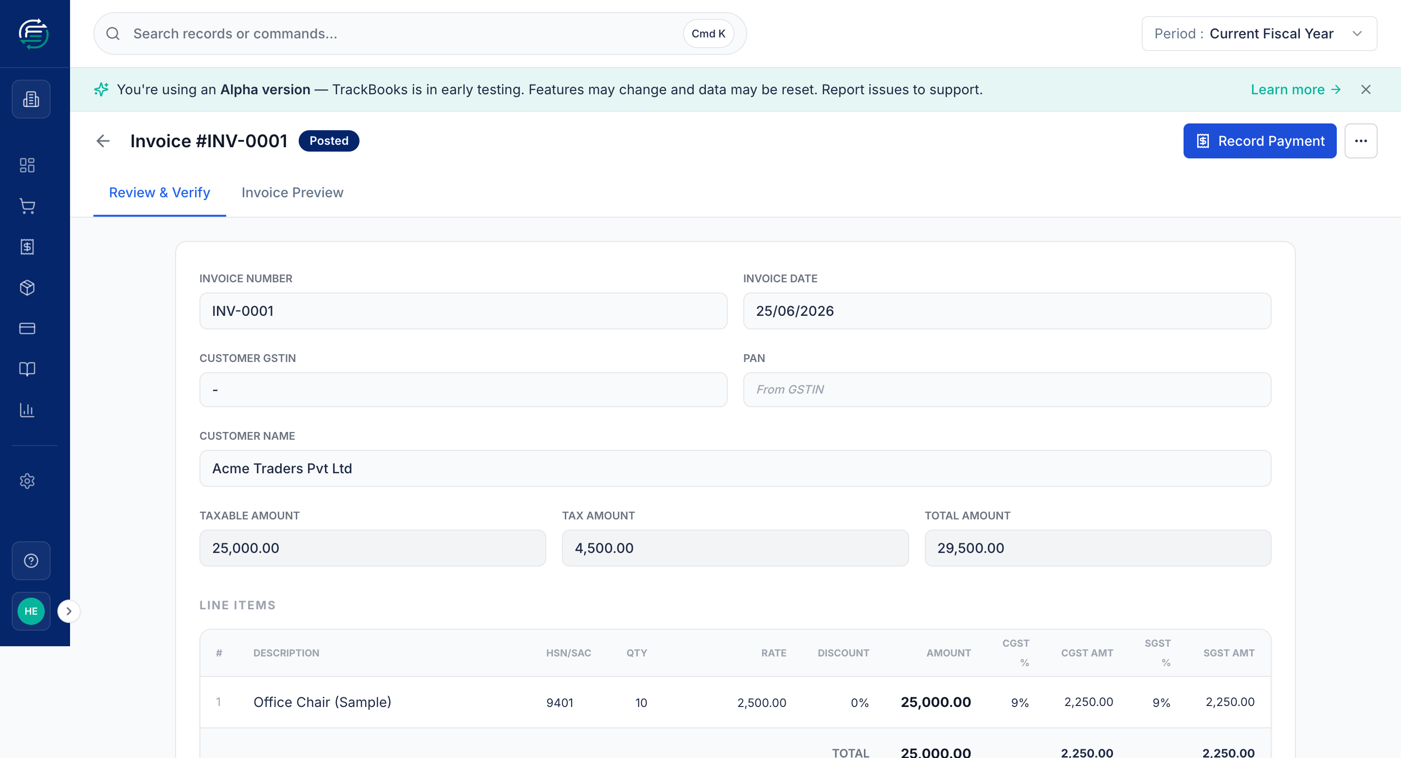 The invoice after posting, showing the Posted status and journal entry number