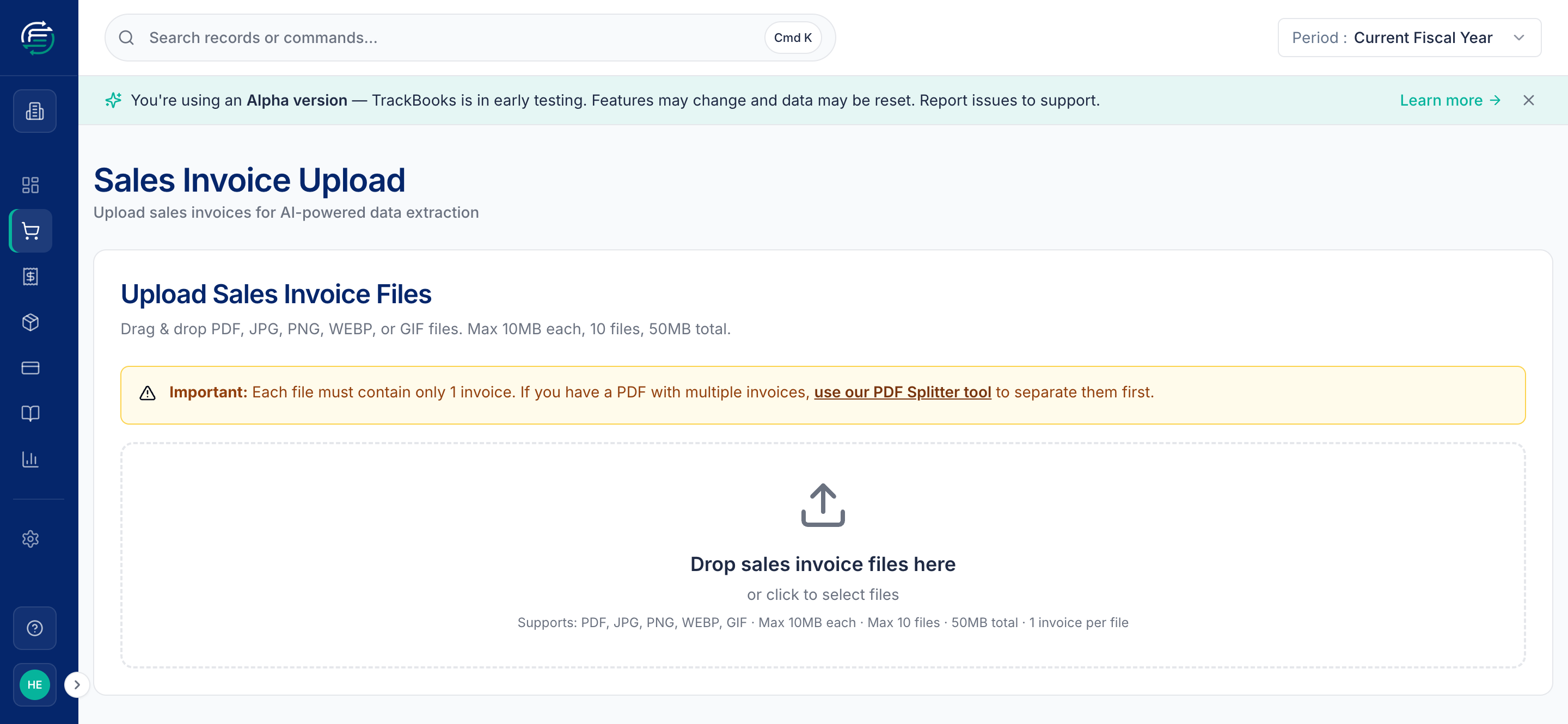 The Sales Invoice Upload screen