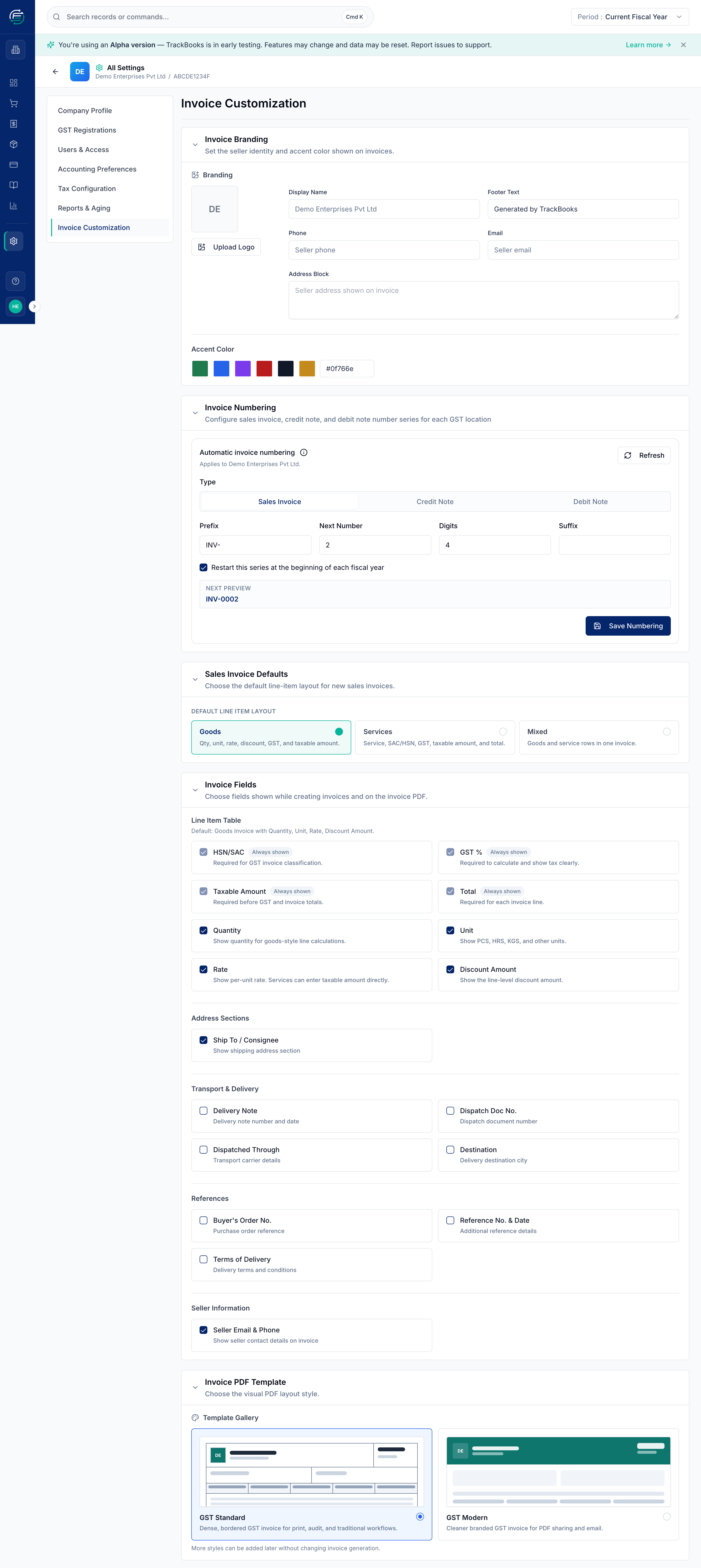 The Invoice Customization tab