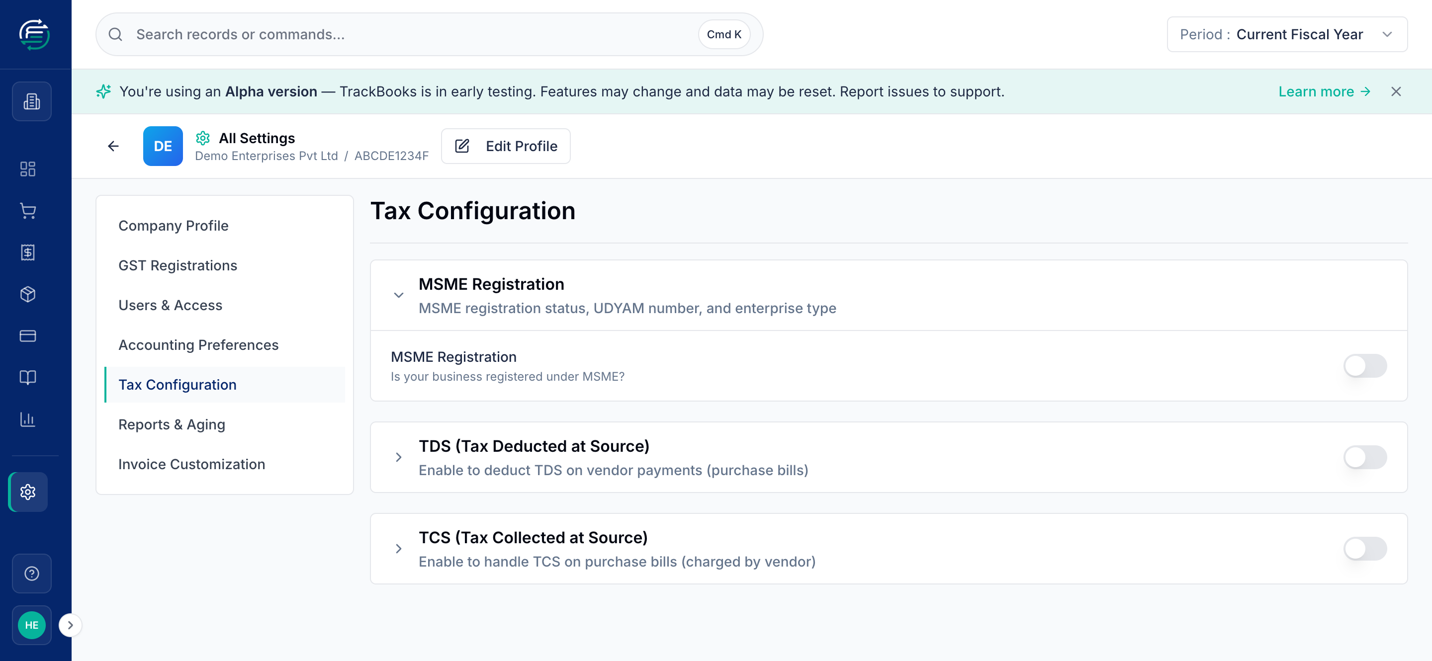 The Tax Configuration tab with TDS sections